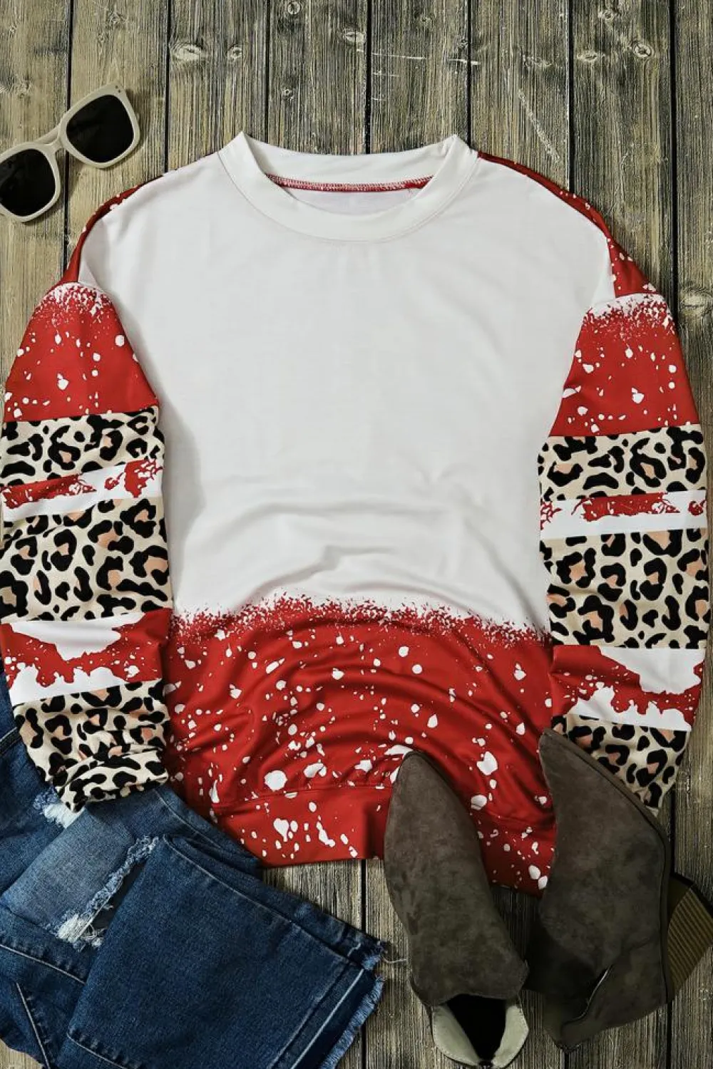 Fashion Dear-Lover Tie-Dye Leopard Long Sleeve Top Fiery Red