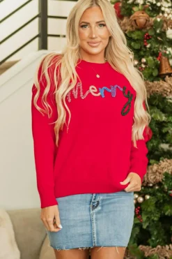 New Dear-Lover Tinsel Merry Letter Drop Shoulder Baggy Sweater Fiery Red
