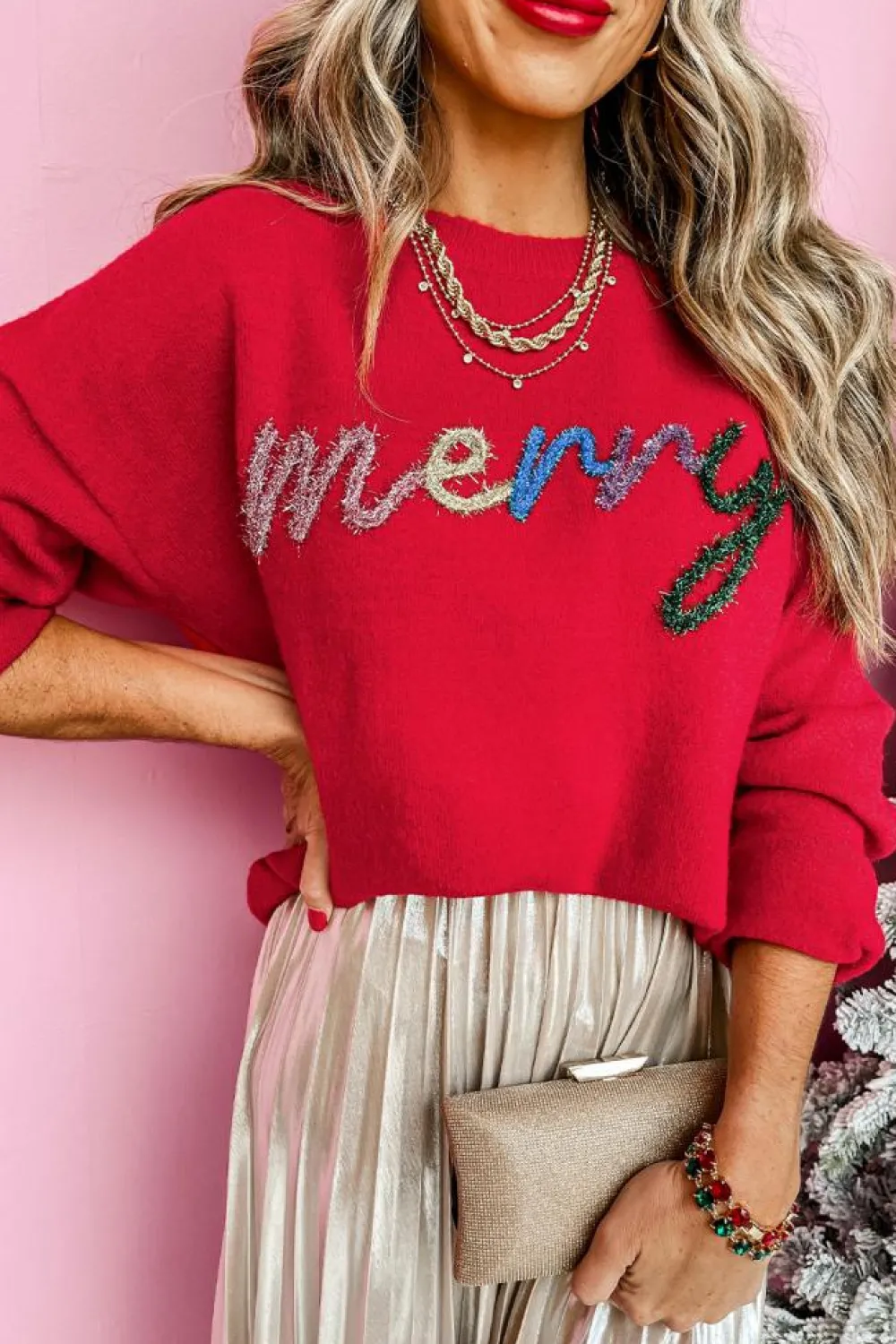New Dear-Lover Tinsel Merry Letter Drop Shoulder Baggy Sweater Fiery Red