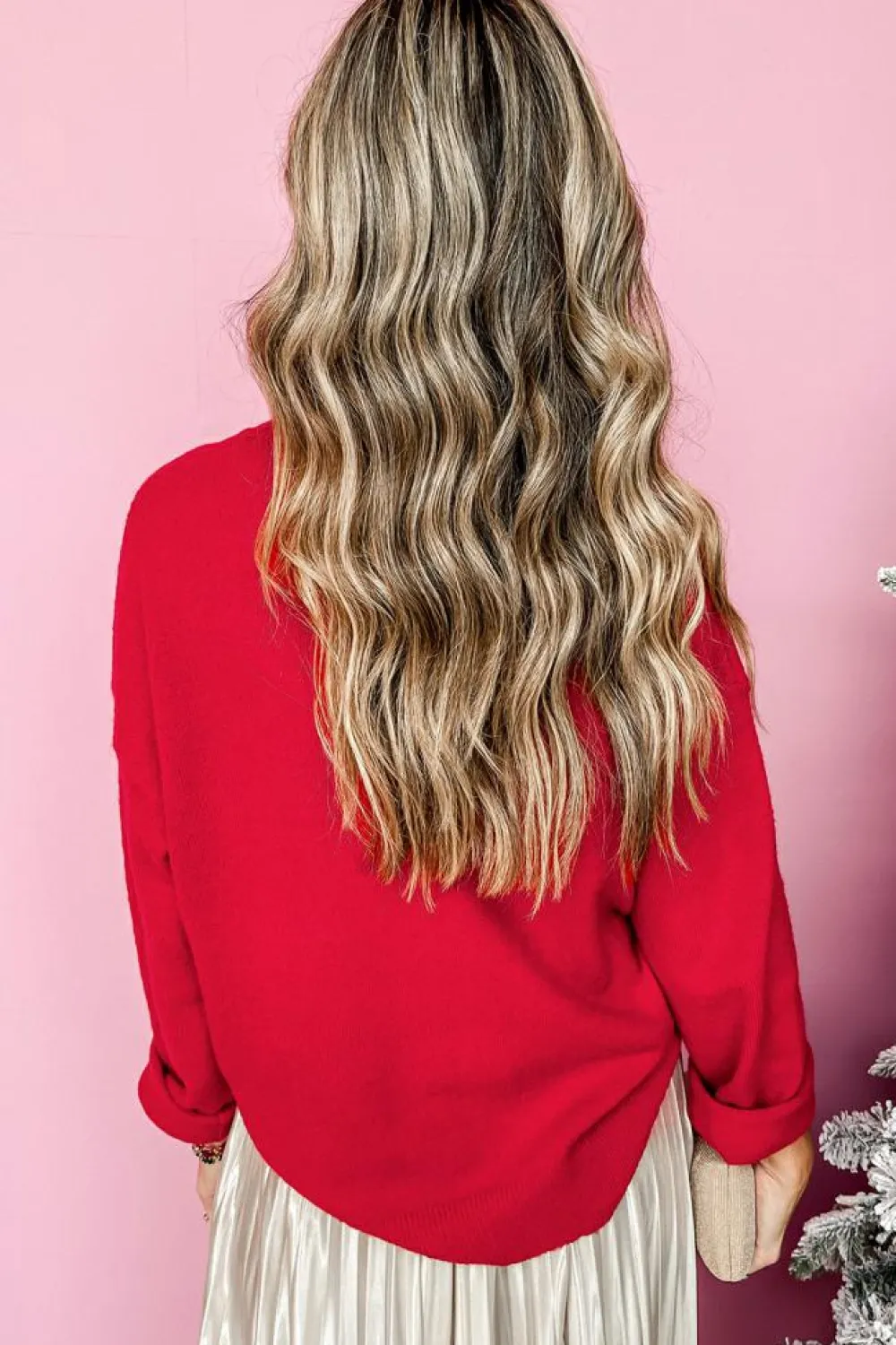 New Dear-Lover Tinsel Merry Letter Drop Shoulder Baggy Sweater Fiery Red
