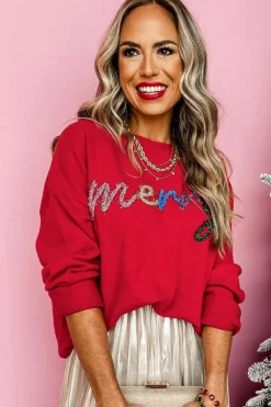New Dear-Lover Tinsel Merry Letter Drop Shoulder Baggy Sweater Fiery Red