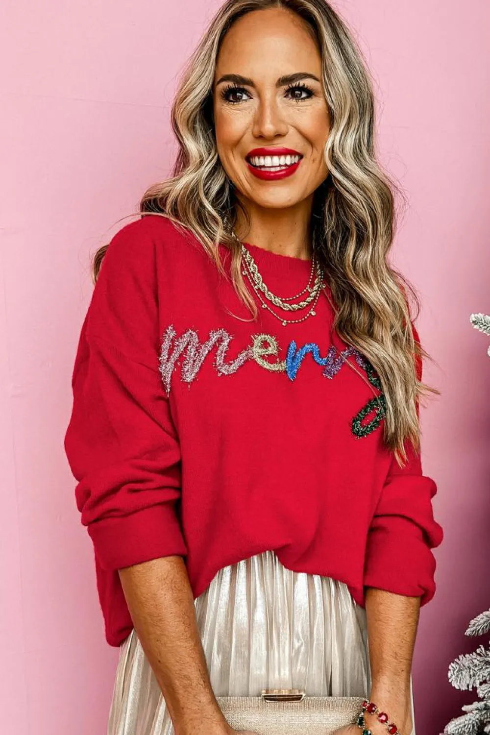 New Dear-Lover Tinsel Merry Letter Drop Shoulder Baggy Sweater Fiery Red