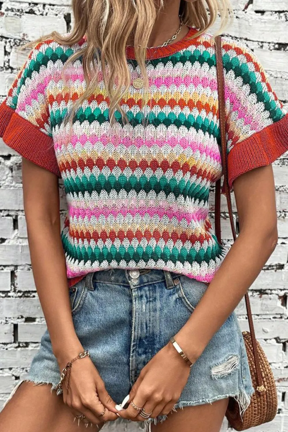 Clearance Dear-Lover Trimmed Ruffle Sleeve Colorful Textured Sweater Fiery Red