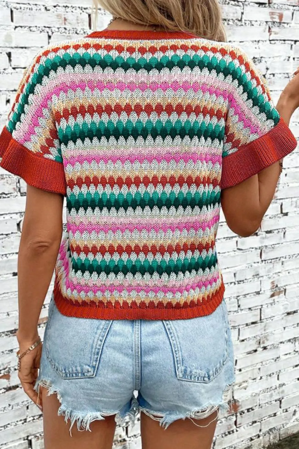 Clearance Dear-Lover Trimmed Ruffle Sleeve Colorful Textured Sweater Fiery Red