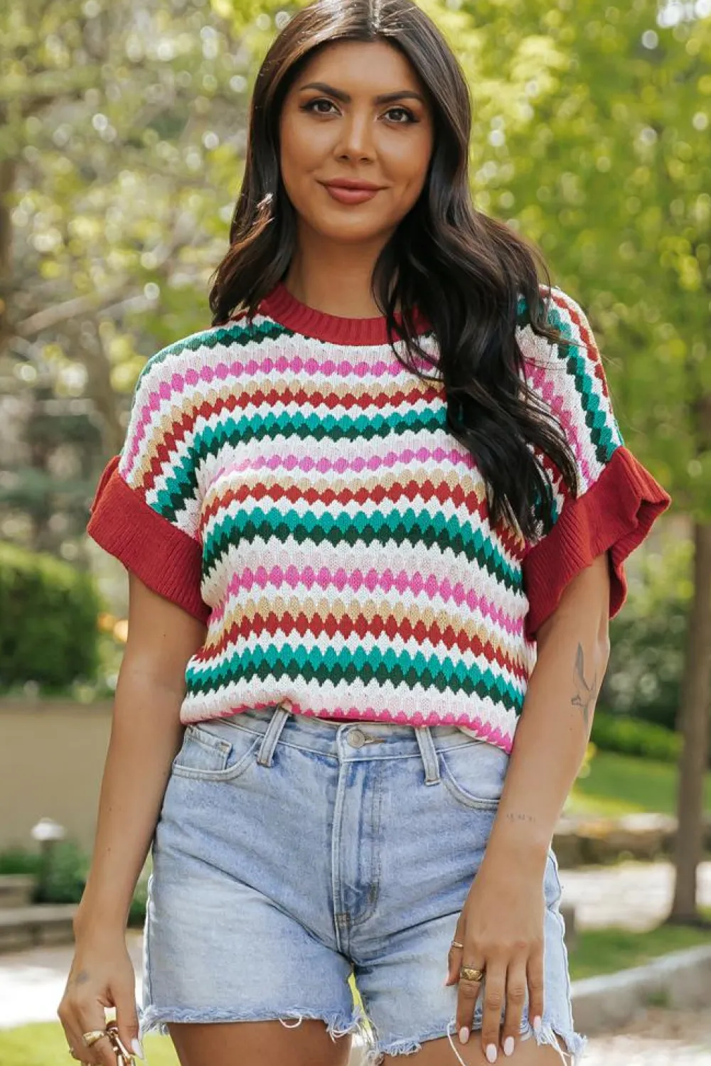 Clearance Dear-Lover Trimmed Ruffle Sleeve Colorful Textured Sweater Fiery Red