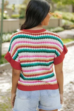 Clearance Dear-Lover Trimmed Ruffle Sleeve Colorful Textured Sweater Fiery Red