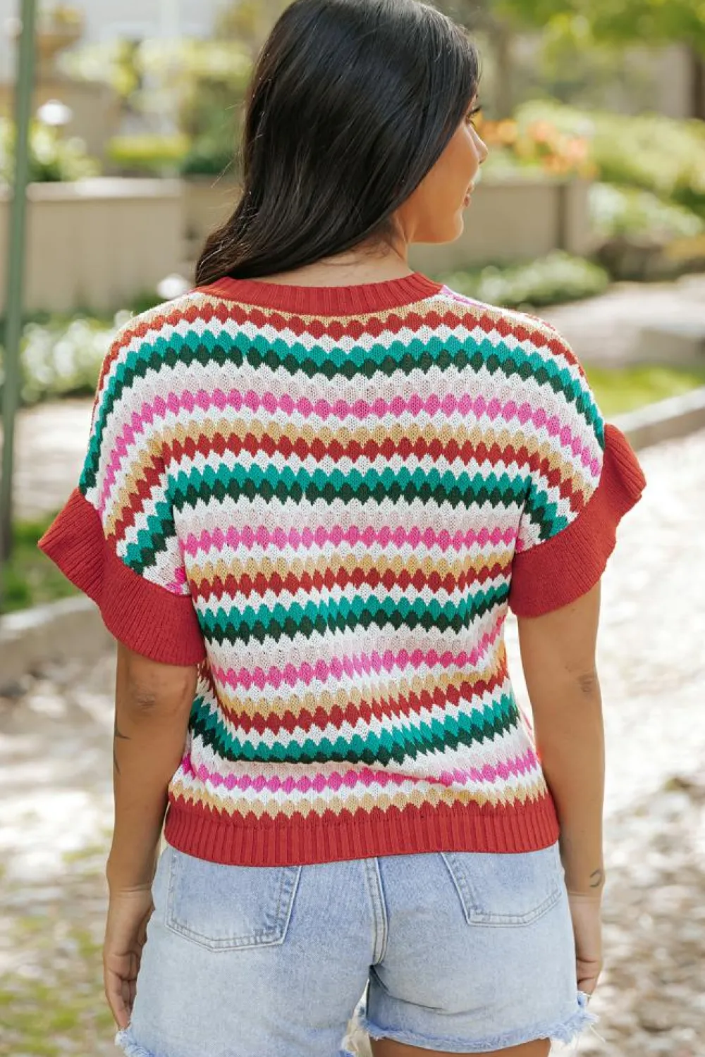 Clearance Dear-Lover Trimmed Ruffle Sleeve Colorful Textured Sweater Fiery Red
