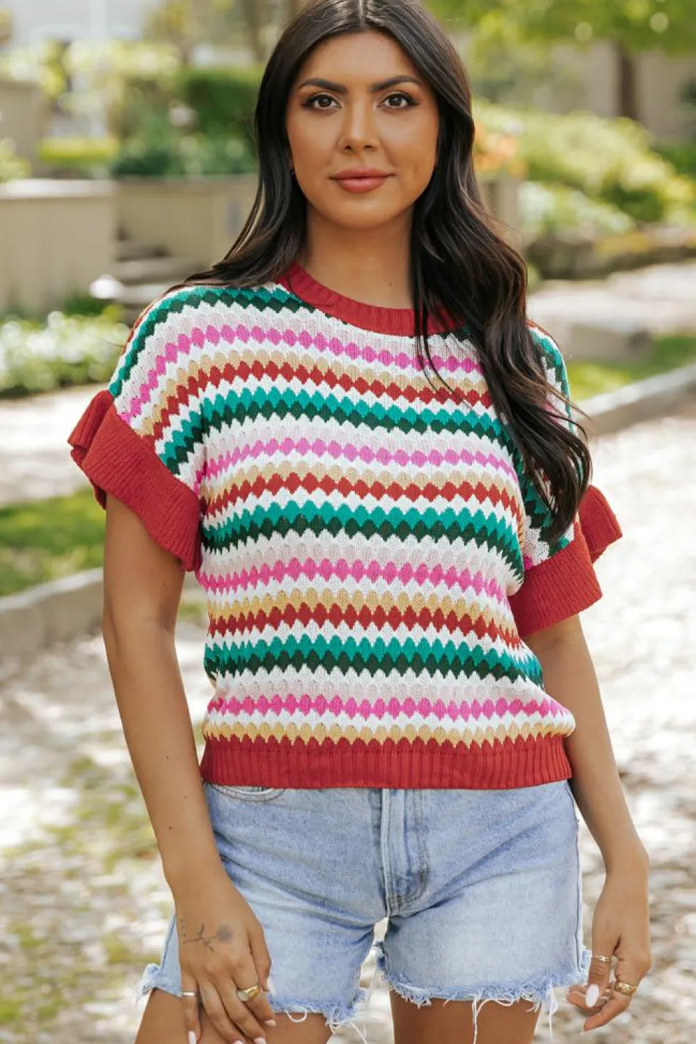 Clearance Dear-Lover Trimmed Ruffle Sleeve Colorful Textured Sweater Fiery Red