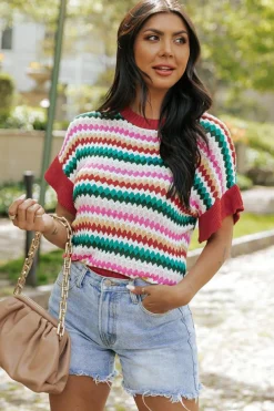 Clearance Dear-Lover Trimmed Ruffle Sleeve Colorful Textured Sweater Fiery Red