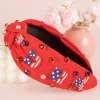 New Dear-Lover USA Flag Gemstone Decor Knotted Wide Headband Fiery Red