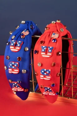 New Dear-Lover USA Flag Gemstone Decor Knotted Wide Headband Fiery Red