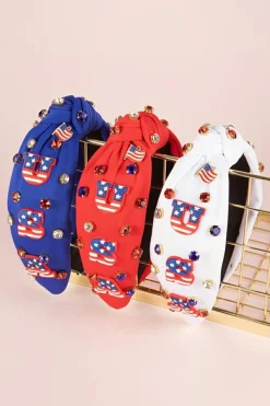 New Dear-Lover USA Flag Gemstone Decor Knotted Wide Headband Fiery Red