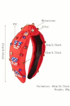 New Dear-Lover USA Flag Gemstone Decor Knotted Wide Headband Fiery Red