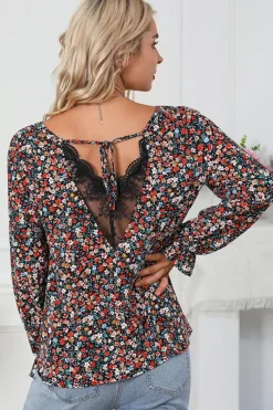 Clearance Dear-Lover V Cut Lace Patch Tie-up Ruffled Puff Sleeve Floral Blouse Fiery Red