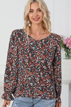 Clearance Dear-Lover V Cut Lace Patch Tie-up Ruffled Puff Sleeve Floral Blouse Fiery Red