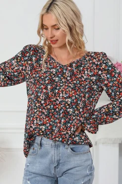 Clearance Dear-Lover V Cut Lace Patch Tie-up Ruffled Puff Sleeve Floral Blouse Fiery Red