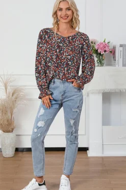 Clearance Dear-Lover V Cut Lace Patch Tie-up Ruffled Puff Sleeve Floral Blouse Fiery Red
