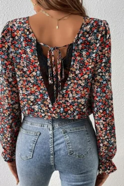 Clearance Dear-Lover V Cut Lace Patch Tie-up Ruffled Puff Sleeve Floral Blouse Fiery Red