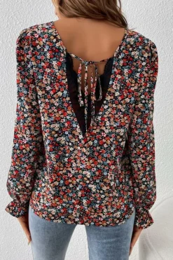 Clearance Dear-Lover V Cut Lace Patch Tie-up Ruffled Puff Sleeve Floral Blouse Fiery Red