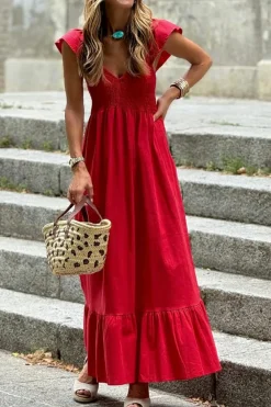 Hot Dear-Lover V Neck Flutter Sleeve Smocked Bodice High Waist Ruffle Maxi Dress Fiery Red