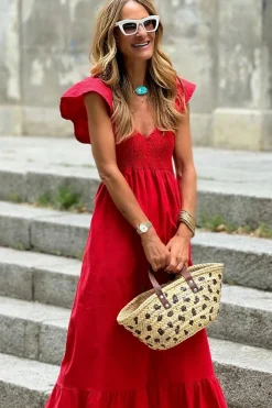 Hot Dear-Lover V Neck Flutter Sleeve Smocked Bodice High Waist Ruffle Maxi Dress Fiery Red