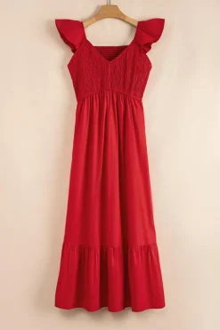Hot Dear-Lover V Neck Flutter Sleeve Smocked Bodice High Waist Ruffle Maxi Dress Fiery Red