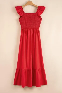 Hot Dear-Lover V Neck Flutter Sleeve Smocked Bodice High Waist Ruffle Maxi Dress Fiery Red