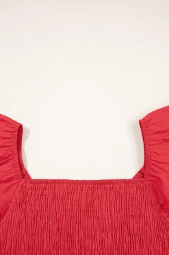 Hot Dear-Lover V Neck Flutter Sleeve Smocked Bodice High Waist Ruffle Maxi Dress Fiery Red