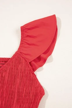 Hot Dear-Lover V Neck Flutter Sleeve Smocked Bodice High Waist Ruffle Maxi Dress Fiery Red