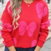 Outlet Dear-Lover Valentine Bowknot Knitted Round Neck Fashion Sweater Fiery Red