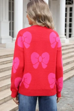 Outlet Dear-Lover Valentine Bowknot Knitted Round Neck Fashion Sweater Fiery Red