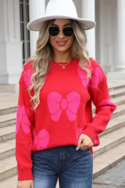 Outlet Dear-Lover Valentine Bowknot Knitted Round Neck Fashion Sweater Fiery Red