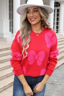 Outlet Dear-Lover Valentine Bowknot Knitted Round Neck Fashion Sweater Fiery Red