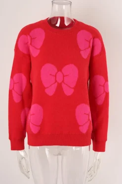 Outlet Dear-Lover Valentine Bowknot Knitted Round Neck Fashion Sweater Fiery Red