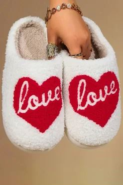 Discount Dear-Lover Valentine Love Heart Pattern Home Fuzzy Slippers Fiery Red