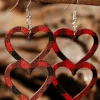 Discount Dear-Lover Valentines Day Plaid Double Love Heart Wooden Earrings Fiery Red