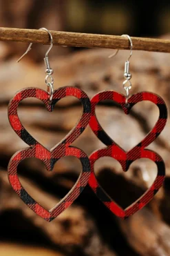 Discount Dear-Lover Valentines Day Plaid Double Love Heart Wooden Earrings Fiery Red