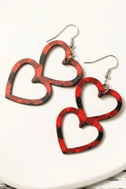 Discount Dear-Lover Valentines Day Plaid Double Love Heart Wooden Earrings Fiery Red
