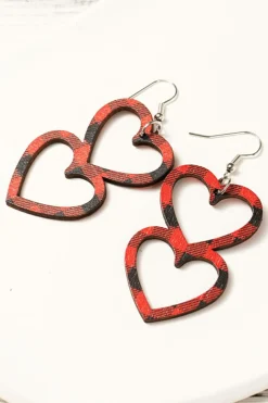 Discount Dear-Lover Valentines Day Plaid Double Love Heart Wooden Earrings Fiery Red