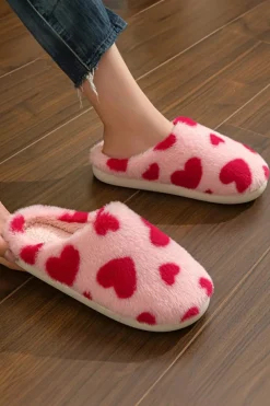 Best Dear-Lover Valentines Heart Shape Winter Fuzzy Slippers Fiery Red