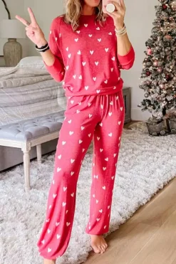 Best Dear-Lover Valentines Heart Print Pants Set Fiery Red
