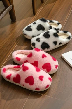Best Dear-Lover Valentines Heart Shape Winter Fuzzy Slippers Fiery Red