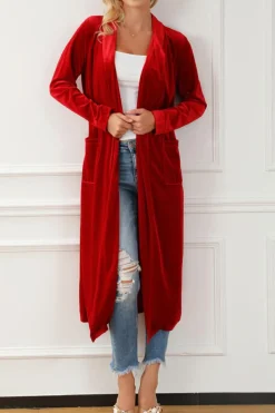 Discount Dear-Lover Velvet Open Front Pocketed Long Duster Fiery Red