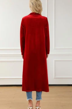 Discount Dear-Lover Velvet Open Front Pocketed Long Duster Fiery Red
