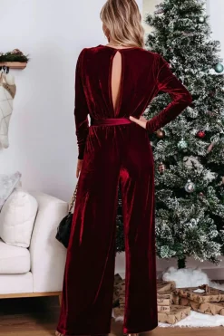 Discount Dear-Lover Velvet Pocketed Cut out Back Wide Leg Jumpsuit Fiery Red