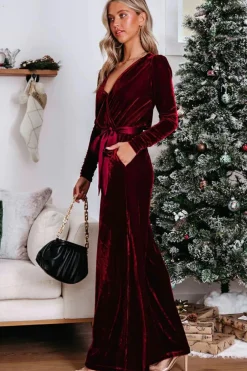 Discount Dear-Lover Velvet Pocketed Cut out Back Wide Leg Jumpsuit Fiery Red