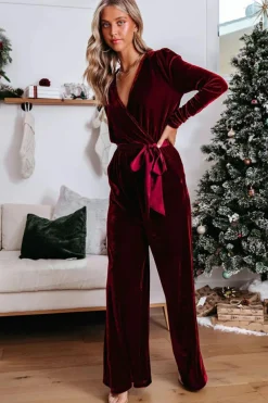 Discount Dear-Lover Velvet Pocketed Cut out Back Wide Leg Jumpsuit Fiery Red