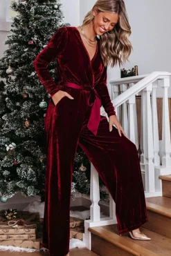 Discount Dear-Lover Velvet Pocketed Cut out Back Wide Leg Jumpsuit Fiery Red