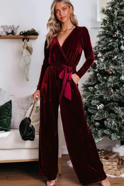 Discount Dear-Lover Velvet Pocketed Cut out Back Wide Leg Jumpsuit Fiery Red