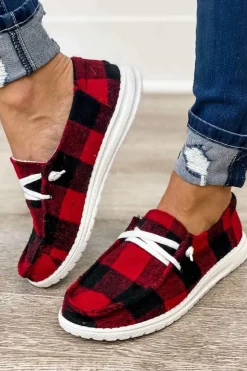 Outlet Dear-Lover Vintage Plaid Lace Up Flat Shoes Fiery Red